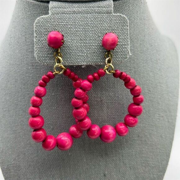 Vintage Western Germany Bright Pink Fuchsia Beaded Hoop Clip-On Earrings - Picture 2 of 9